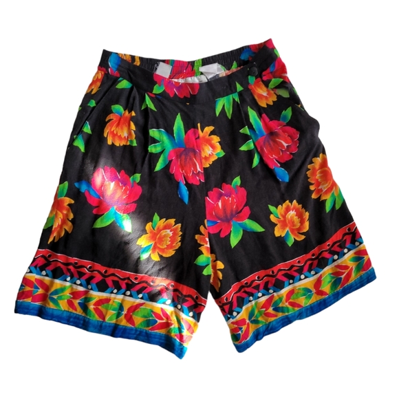 Vintage Pants - Vintage 1990s CHAUS colorful tropical flowy long length shorts